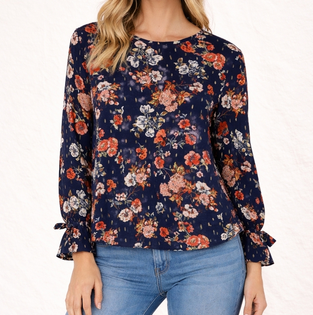 🔥Moa moa Blouse Elastic‎ Band Elegant Sleeves Floral Gold Accents L